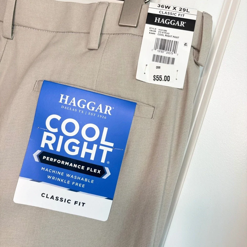 Haggar Cool Right Performance Flex Mens Pants 36x29 Beige Classic Fit Brand New